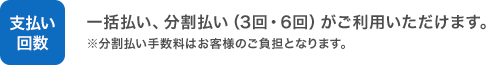支払い回数：一括払い、分割払い（3回・6回）がご利用いただけます。※分割払い手数料はお客様のご負担となります。