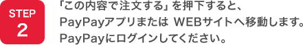 STEP2：「この内容で注文する」を押下すると、PayPayアプリまたはWEBサイトへ移動します。PayPayにログインしてください。