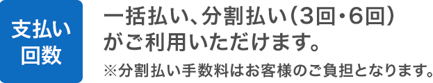 支払い回数：一括払い、分割払い（3回・6回）がご利用いただけます。※分割払い手数料はお客様のご負担となります。